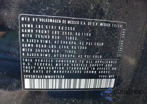 2021 Volkswagen Tiguan 2.0T Se/2.0T Se R-Line Black/2.0T Sel из США, поврежденный, VIN 3VV3B7AX1MM057534